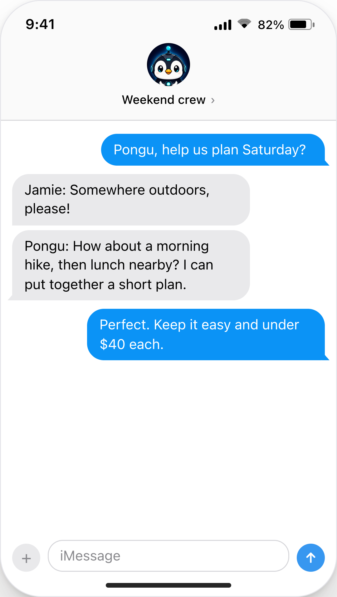 Illustrated group conversation: Jamie and a friend ask Pongu to help plan a Saturday hike and lunch