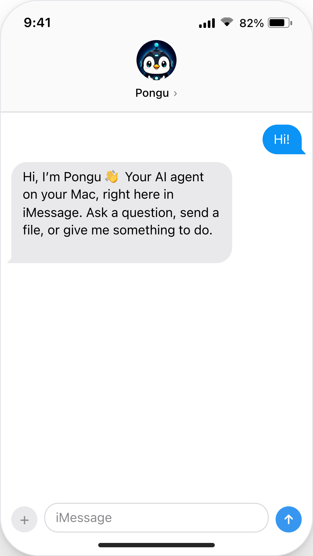Example iMessage exchange: Hi, followed by Pongu introducing itself as an AI agent on your Mac