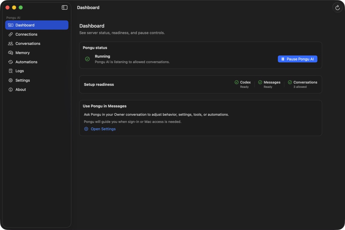 Pongu AI Dashboard showing the agent running, Messages ready, and a pause control